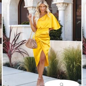 VICI PERSIMMON ONE SHOULDER SATIN DRAPE DRESS - CORAL & YELLOW- SIze Large